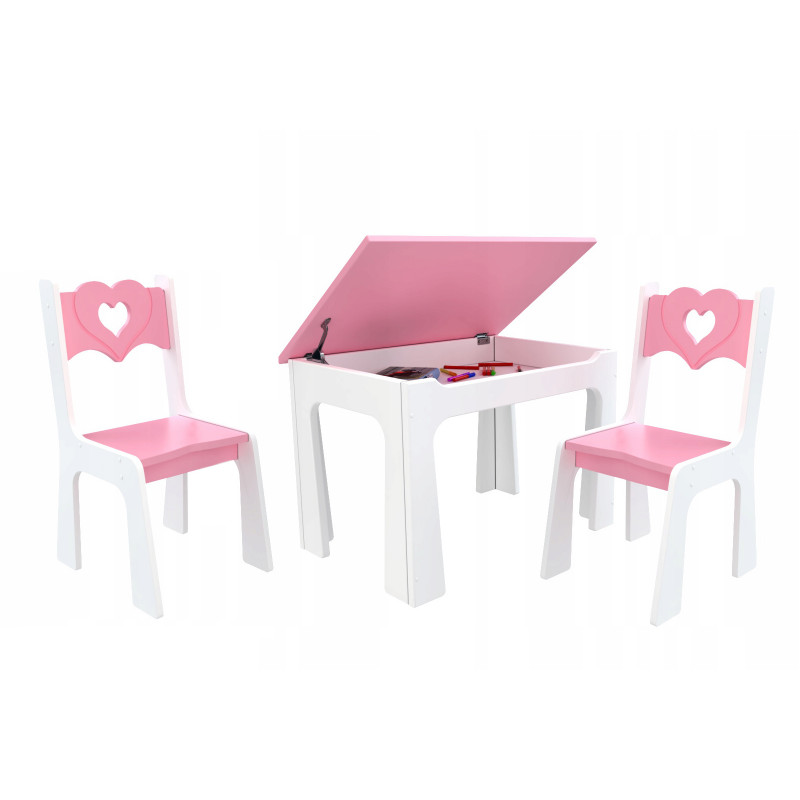 Dětský stůl s úložným prostorem a židlemi Srdce - růžové