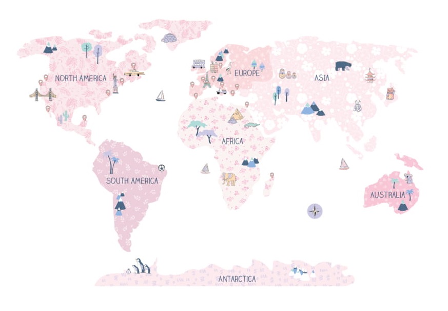 Samolepka na zeď Mapa světa růžová